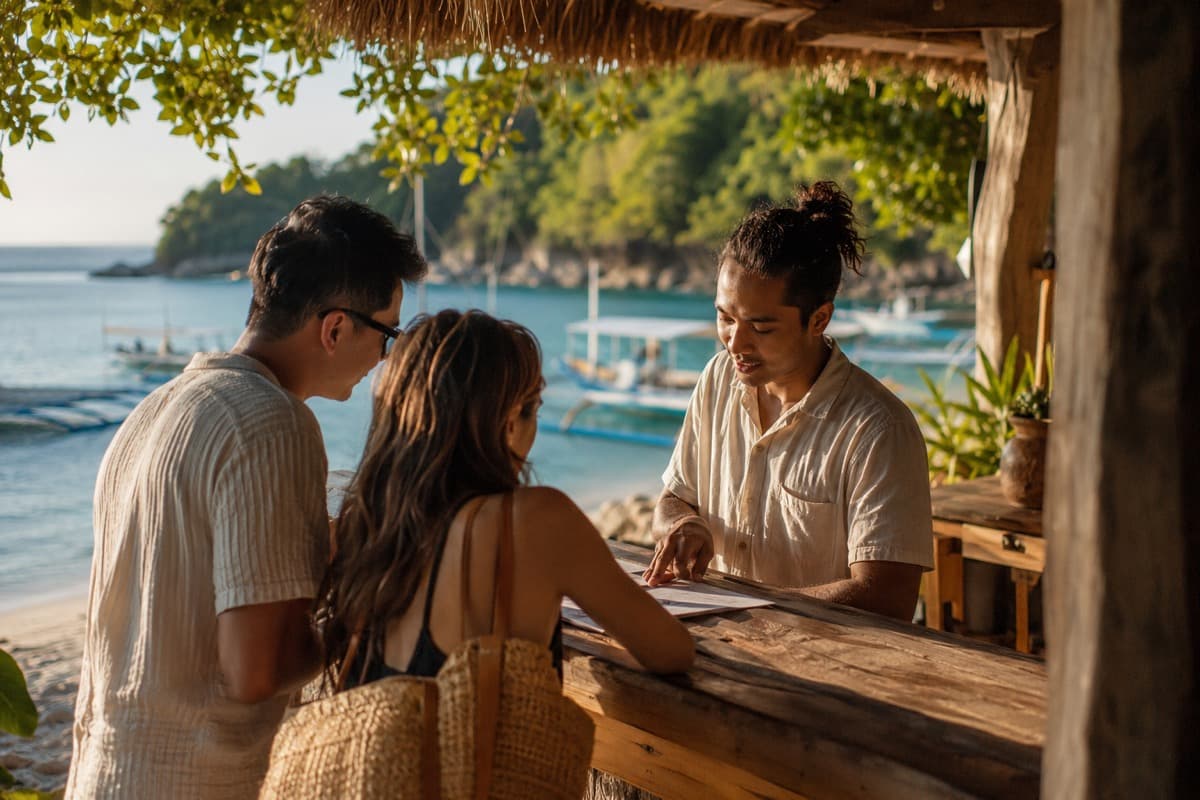 A resort host welcoming two travelers at a beachfront check-in counter in Puerto Galera, banca boats on the water behind